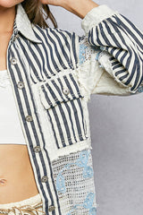 Floral Embroidered Lace Patchwork Jacket Striped Indigo