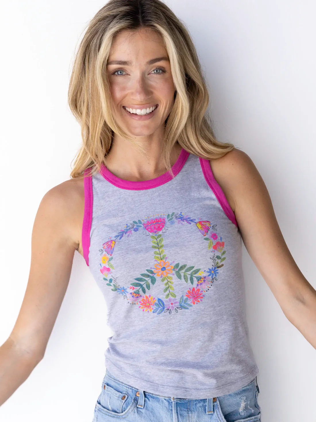 Peace Sign Ringer Tank Heather Grey