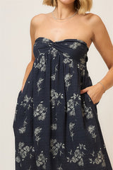 Floral Strapless Open Back Maxi Dress Dark Blue