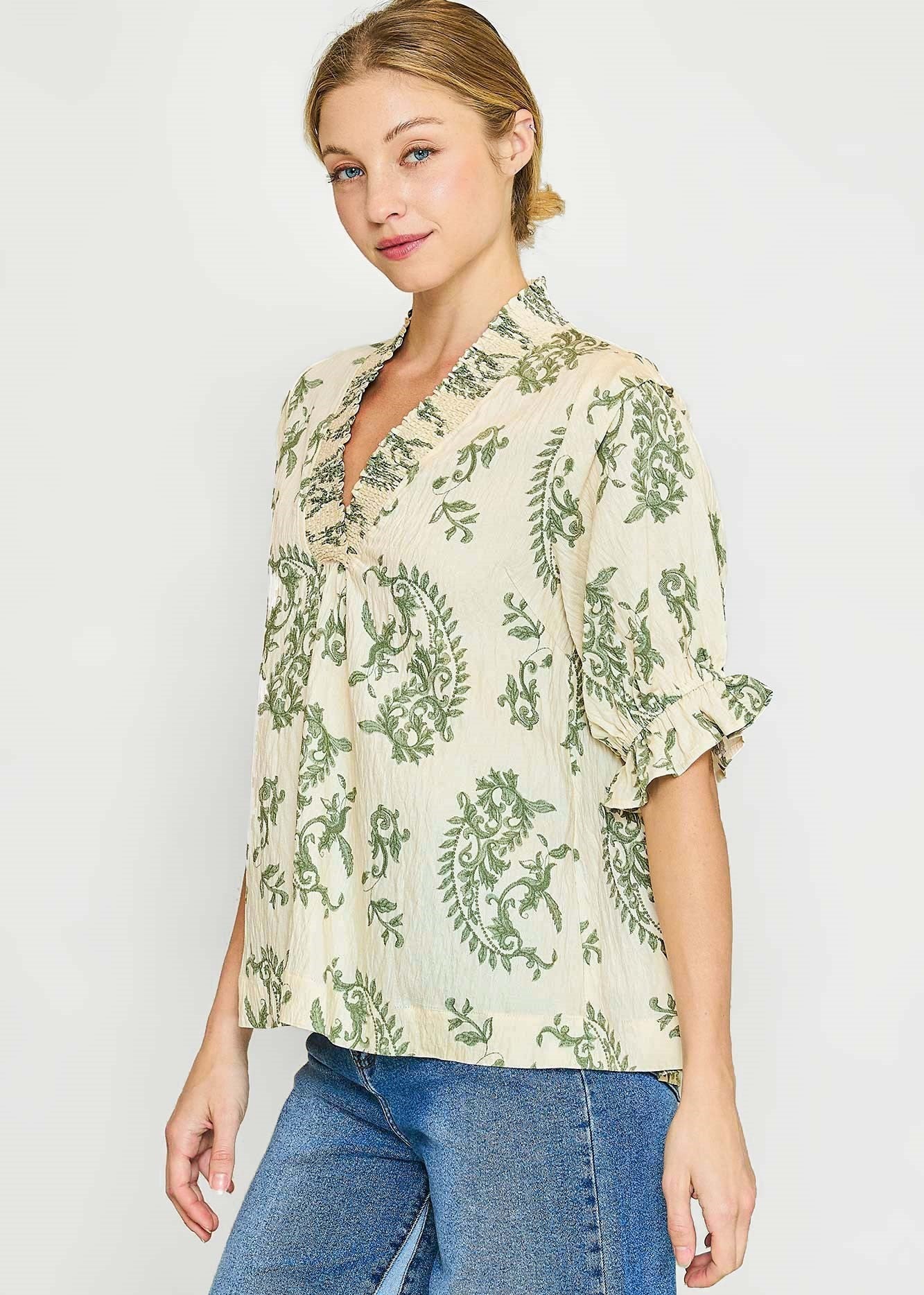 Fern Print Notched Vneck Ruffle Trim Top Green Mix