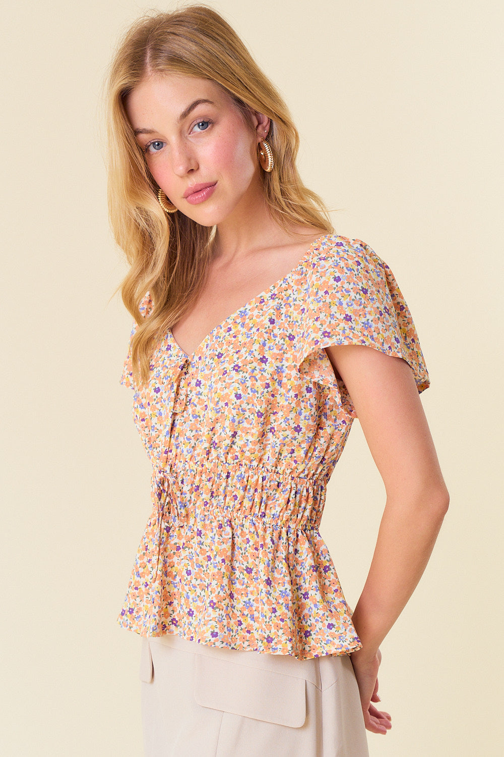 Ditsy Floral Vneck Flutter Short Sleeve Peplum Top Apricot