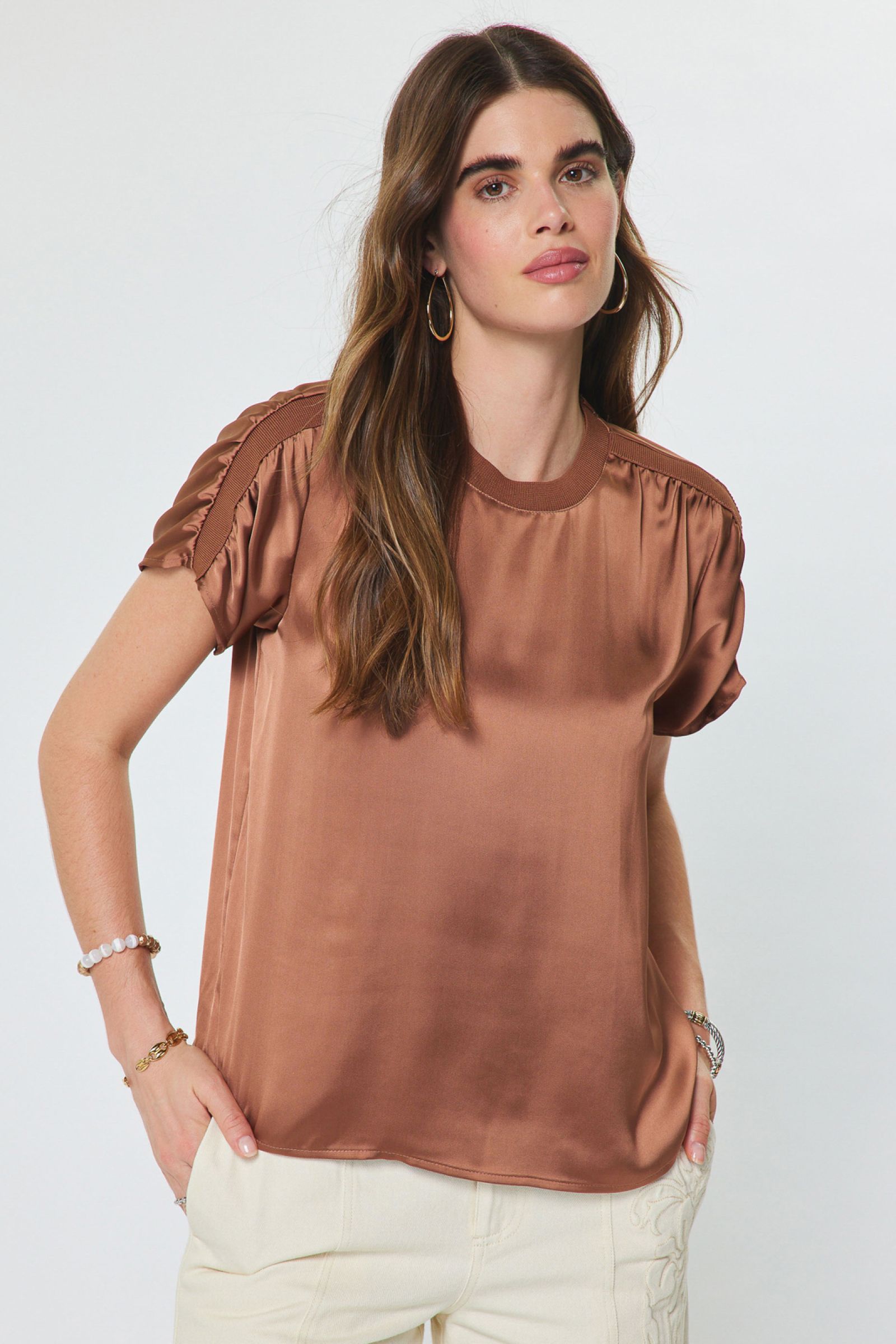 Gathered Shoulder Boxy Satin Top Mocha Mousse