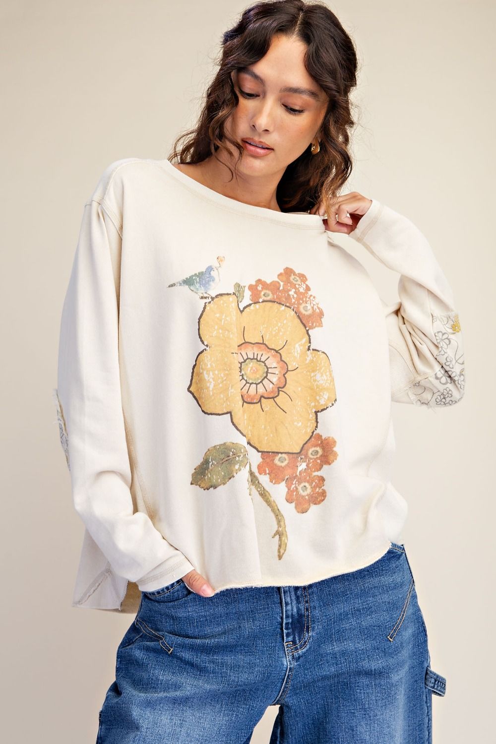 Vidalia Floral Washed Long Sleeve Top Light Khaki