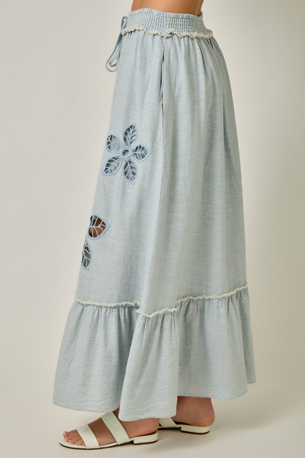 Floral Cutout Chambray Maxi Skirt Chambray
