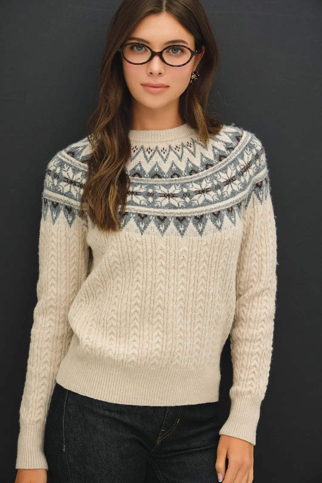 Nordic Print Cable Knit Crew Neck Sweater