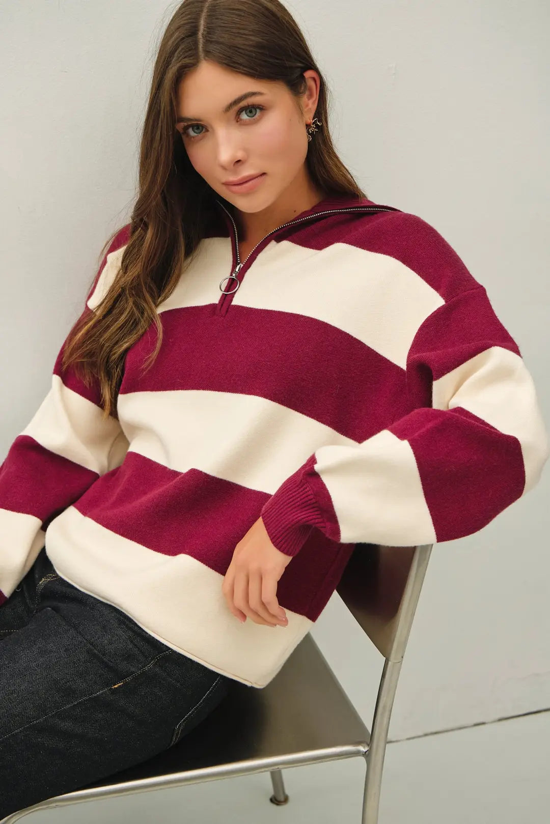 Preppy Striped Wide Collar Half Zip Sweater Top