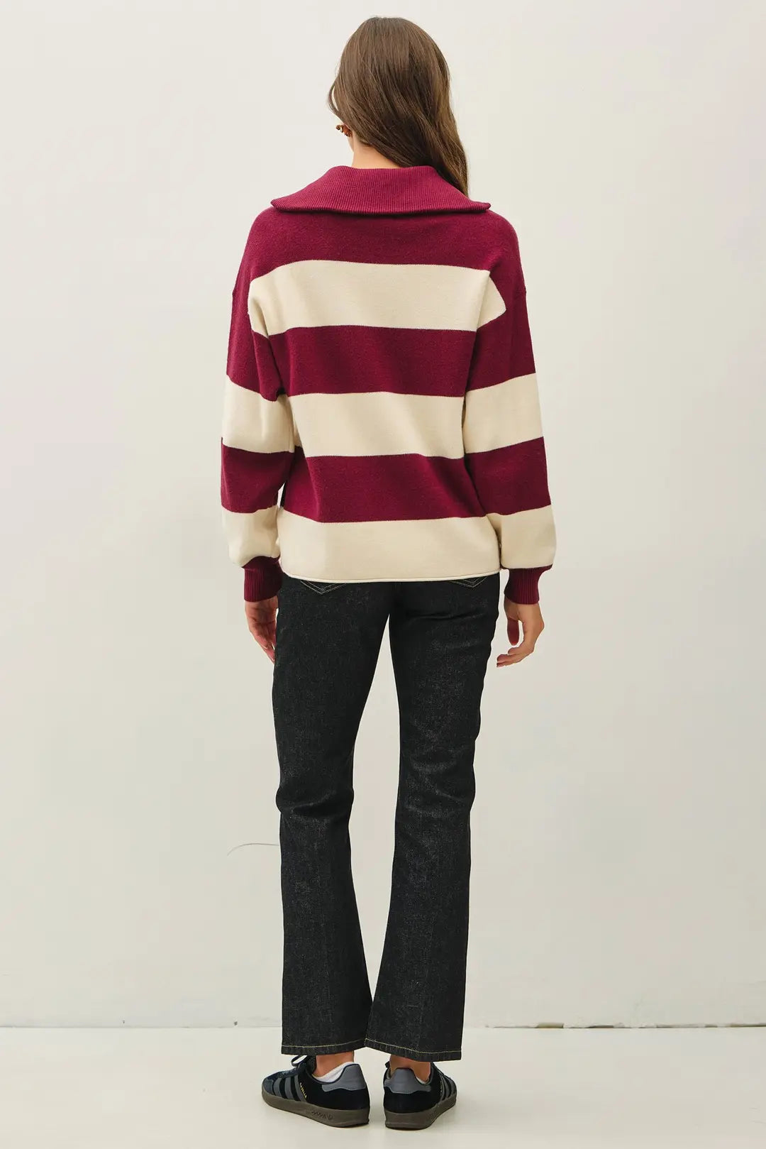 Preppy Striped Wide Collar Half Zip Sweater Top