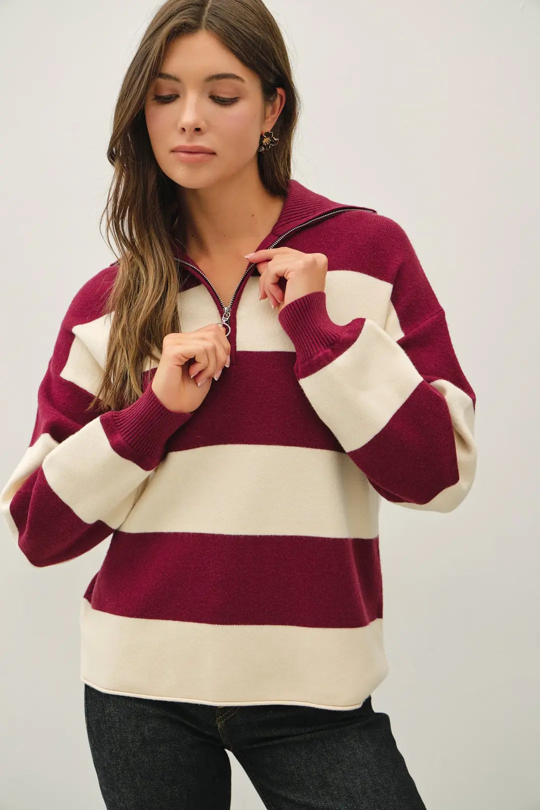 Preppy Striped Wide Collar Half Zip Sweater Top