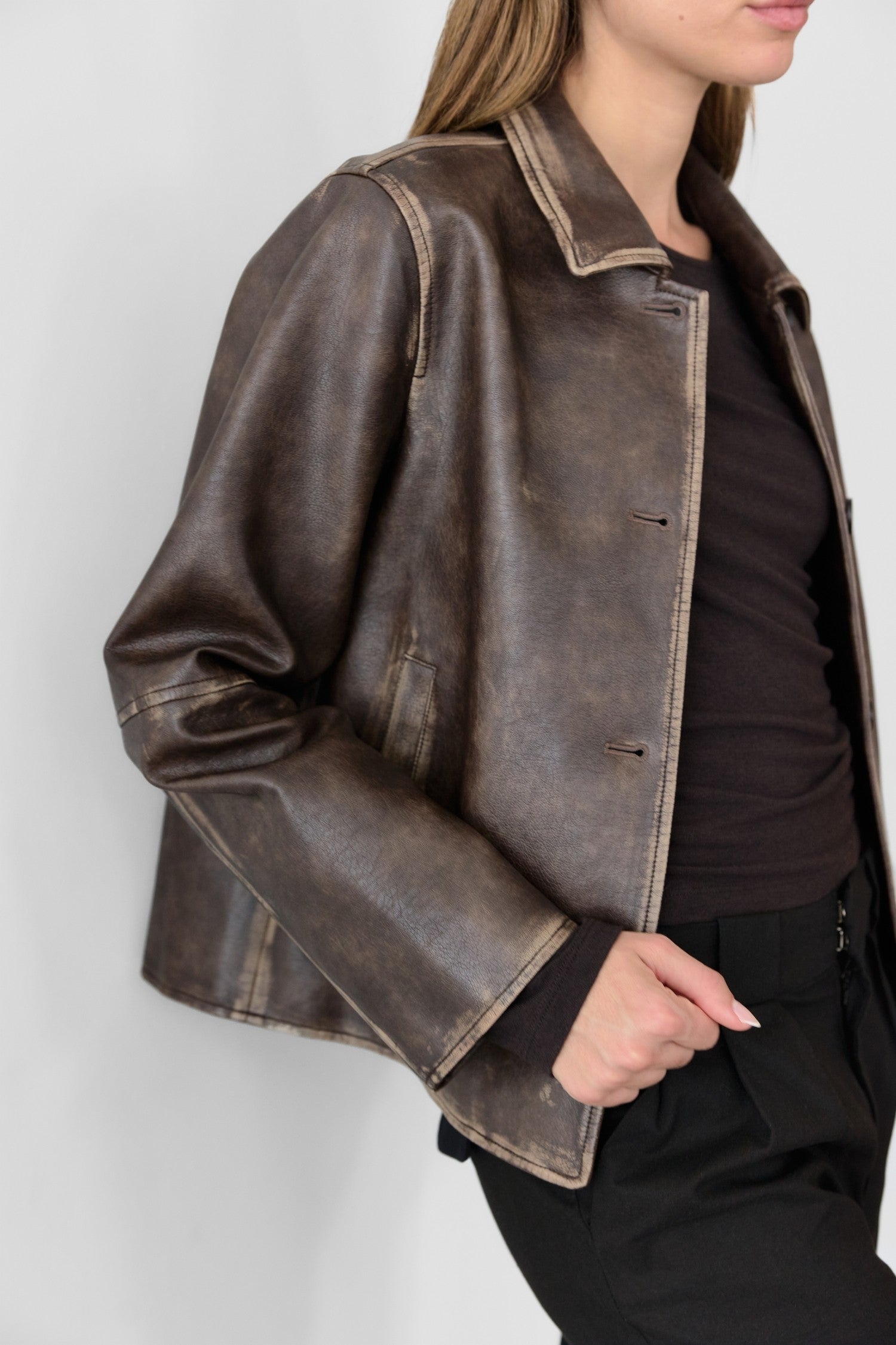 Murph Distressed Leather Jacket Washed Brown