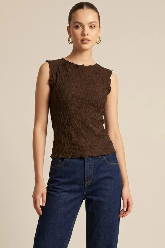 Zig Zag Textured Sleeveless Top Brown