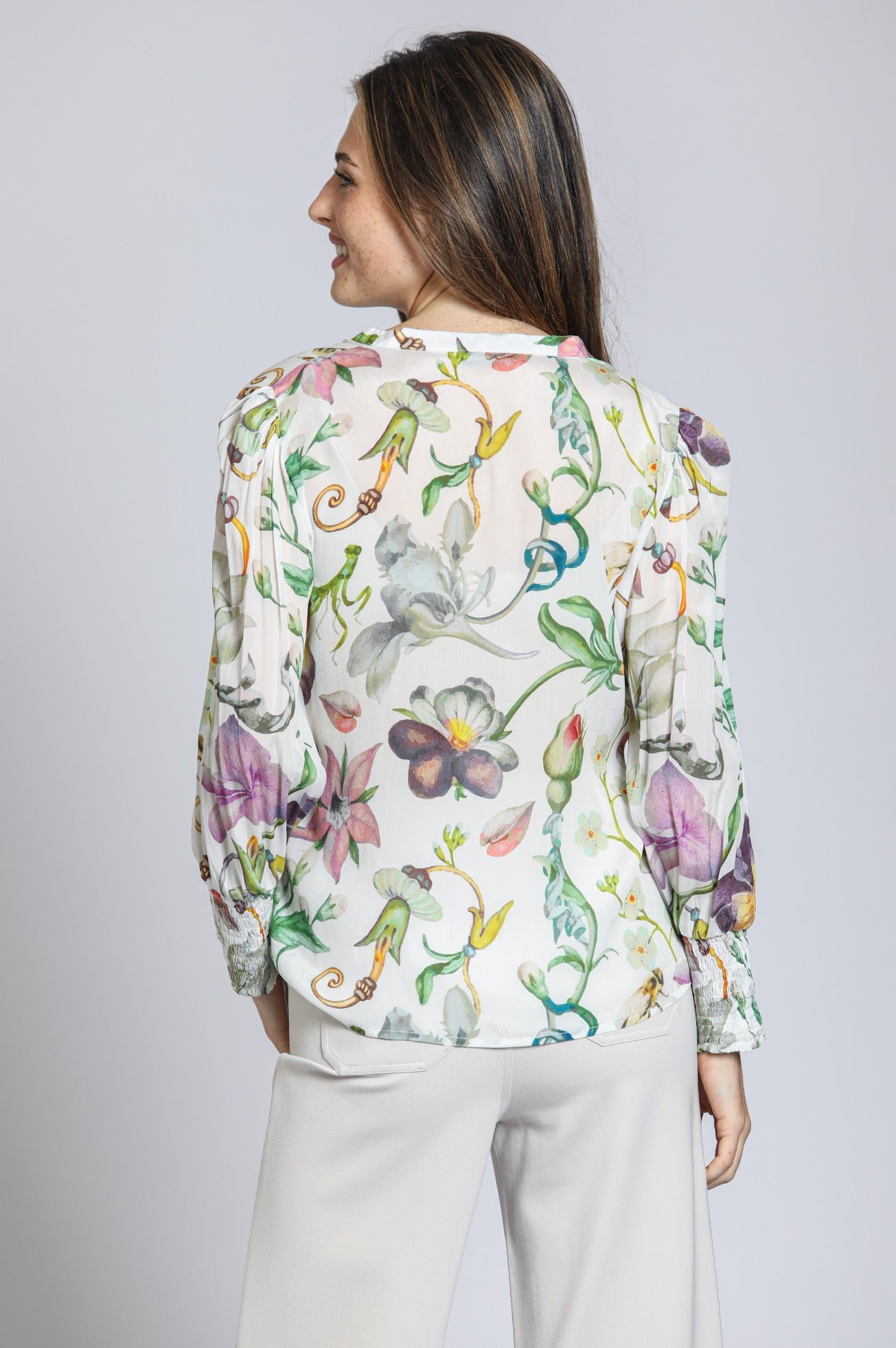 Smocked Cuff Split Neck Blouse White Multi