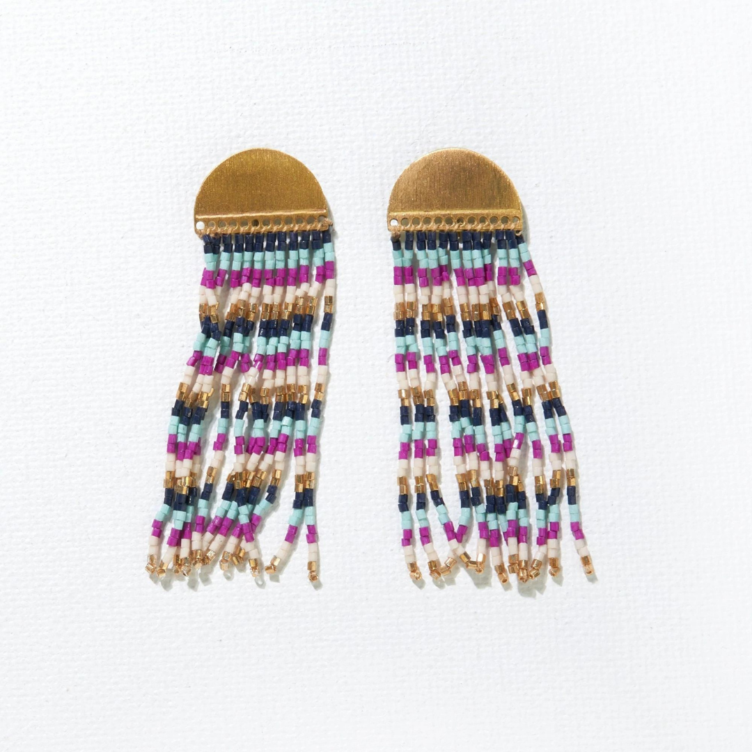 Riley Brass Half Circle Stripe Fringe Earrings Navy + Magenta