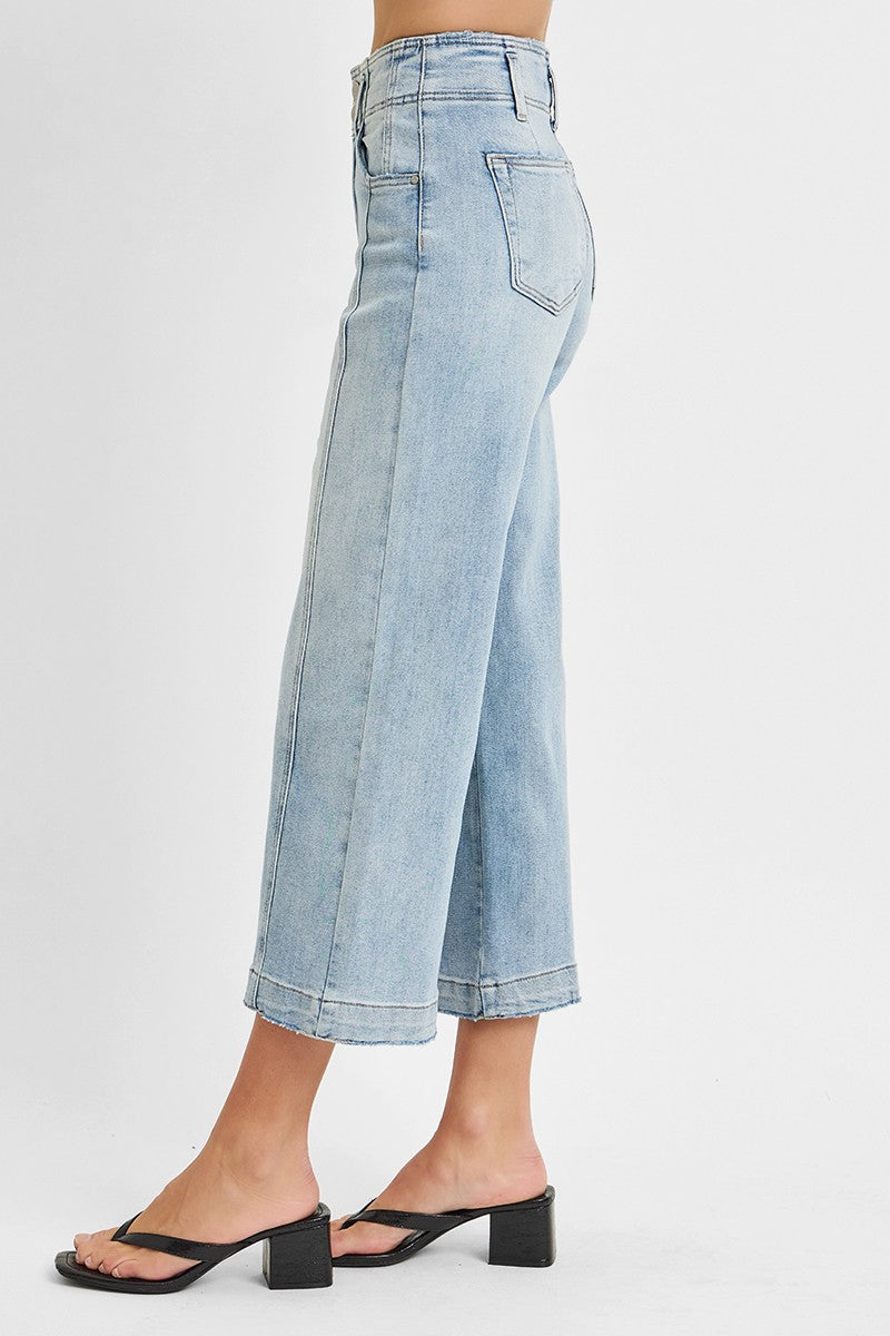 High Rise Crop Wide Leg Front Seam Detail Jeans Light