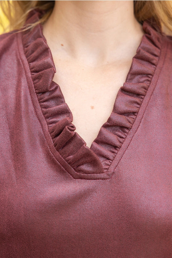 Ruffle Vneck Suede Shirt Dress