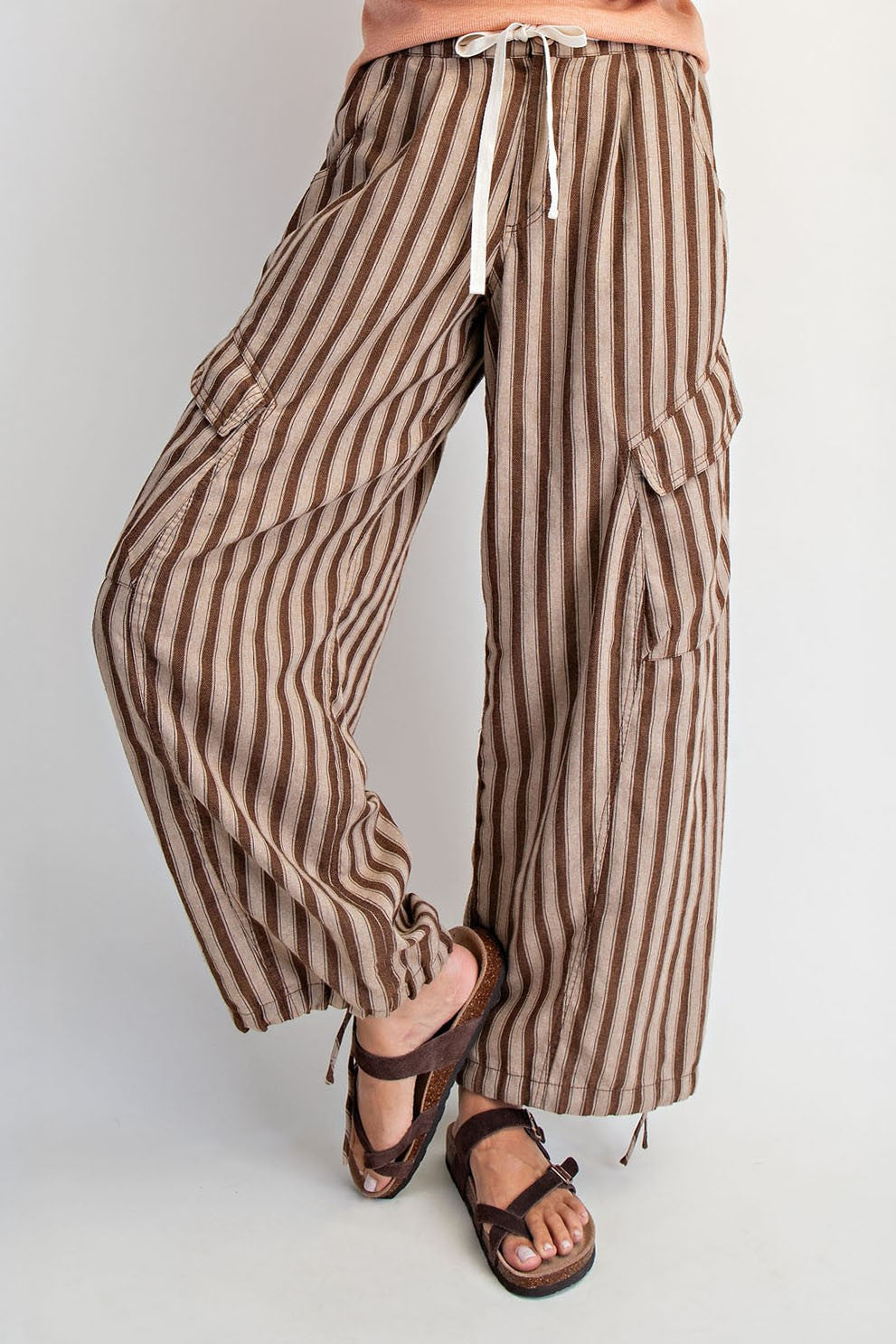 Striped Wide Leg Cargo Pants Taupe Stripe