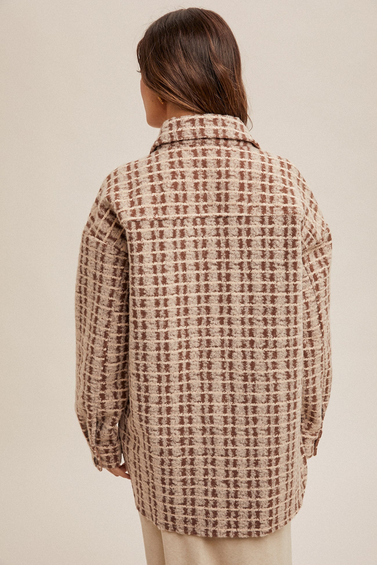Boucle Textured Checker Print Shacket Coffee