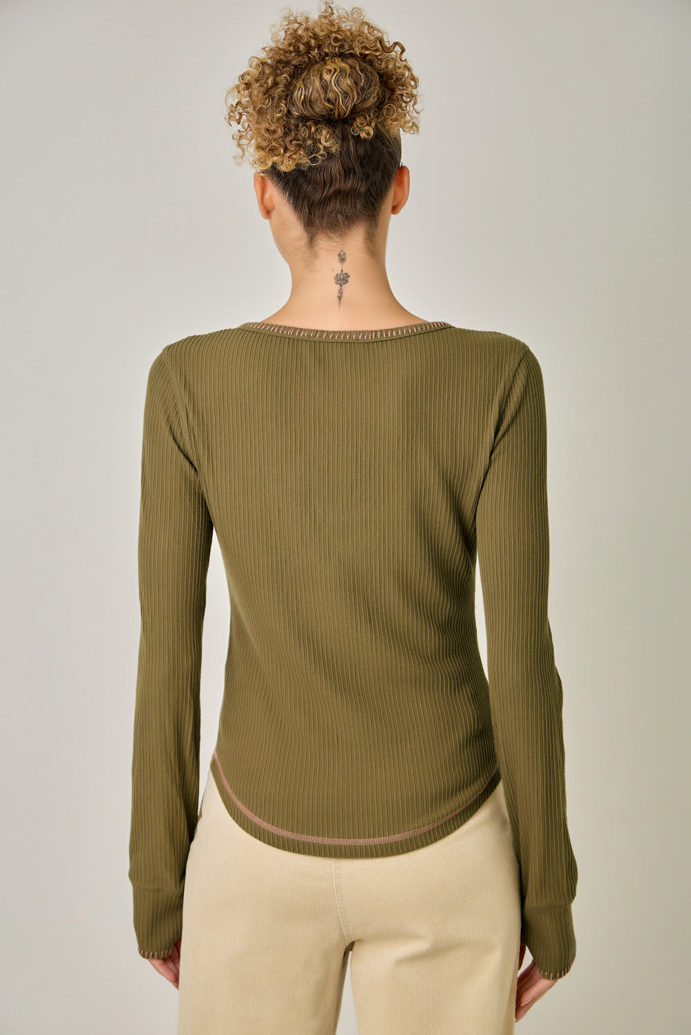 Blanket Stitch Accented Henley Top Olive