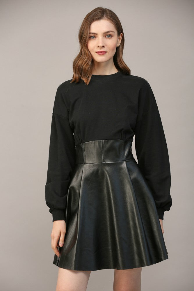 Mix Media Corset Waist Leather Dress Black