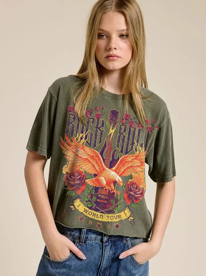 Rock N Roll World Tour Raw Hem Crop Tee Olive
