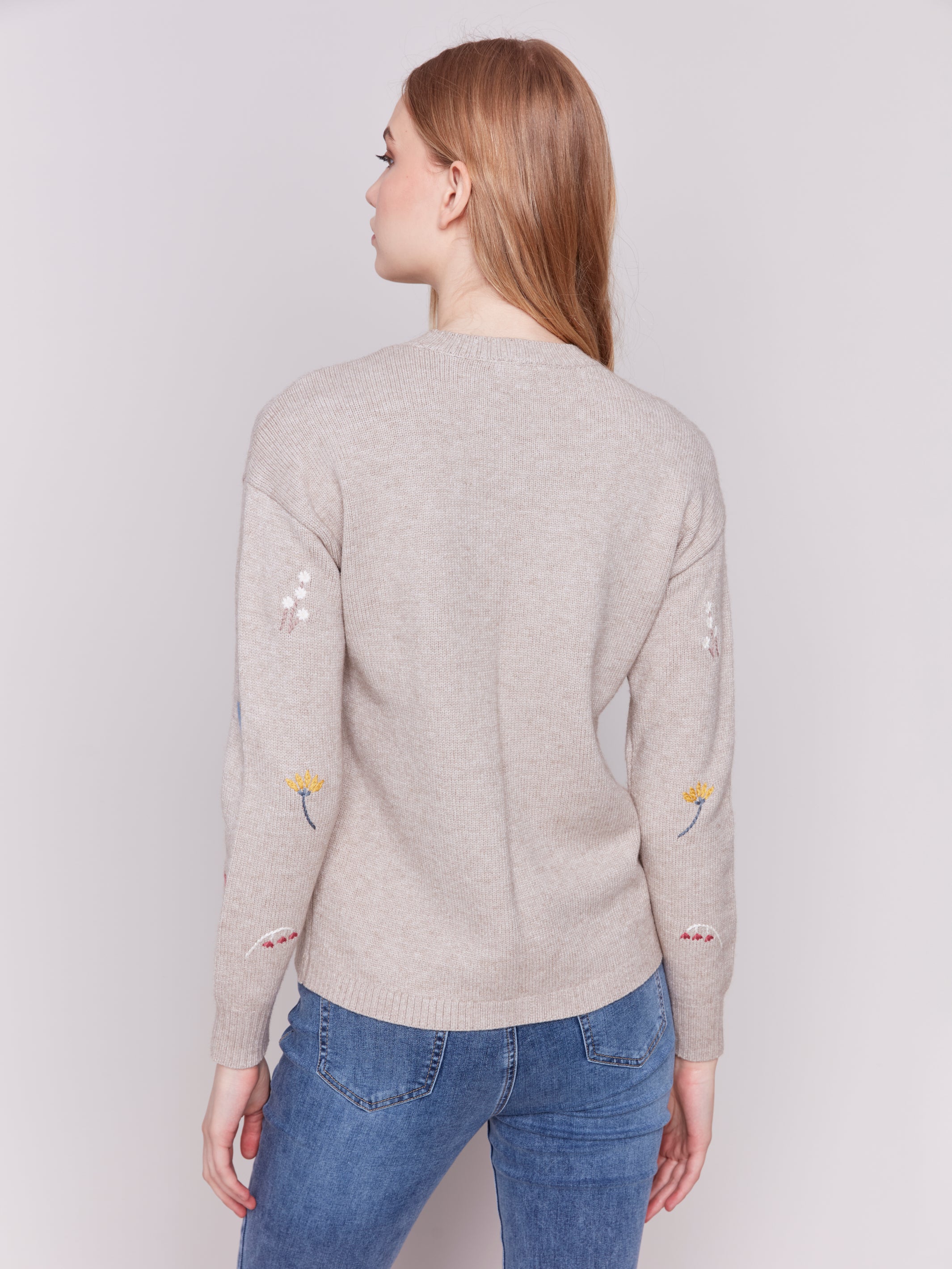 Embroidered Stemmed Floral Sweater Heather Almond