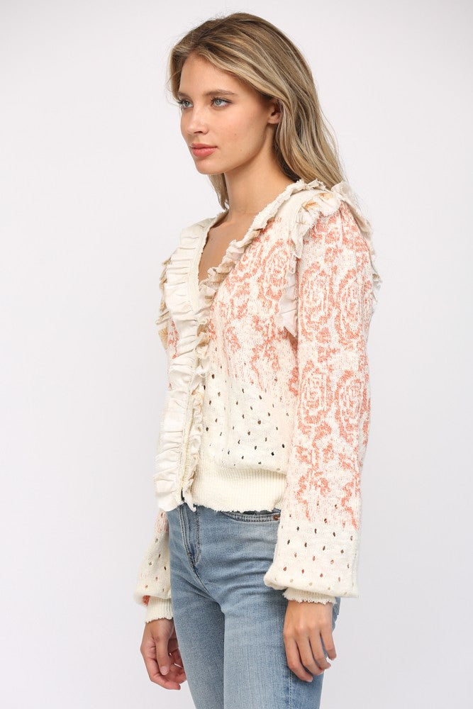 Ruffle Trimmed Front Closure Cardigan Ivory + Coral