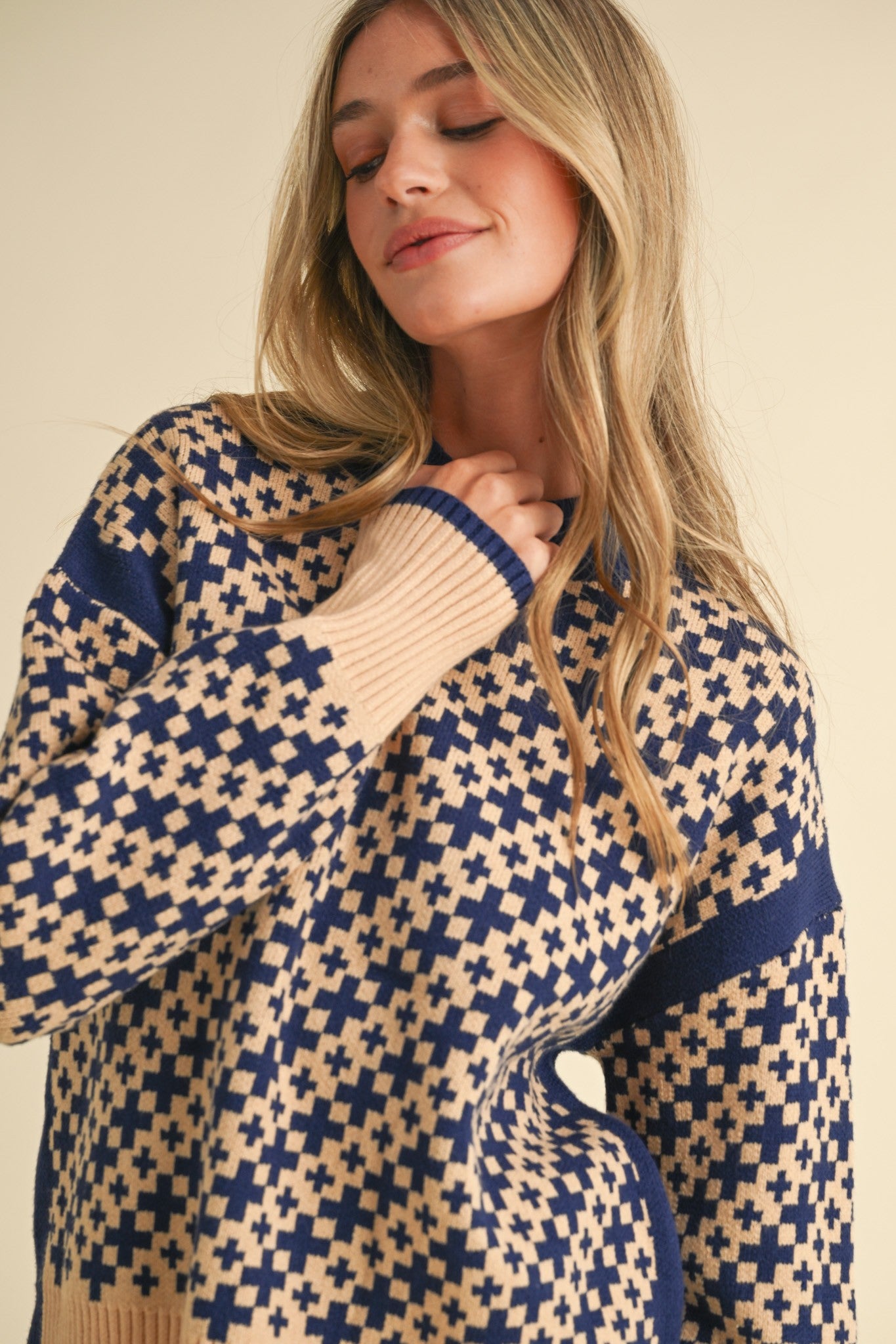 Mock Neck Plus Print Side Slit Pullover Sweater Navy Taupe