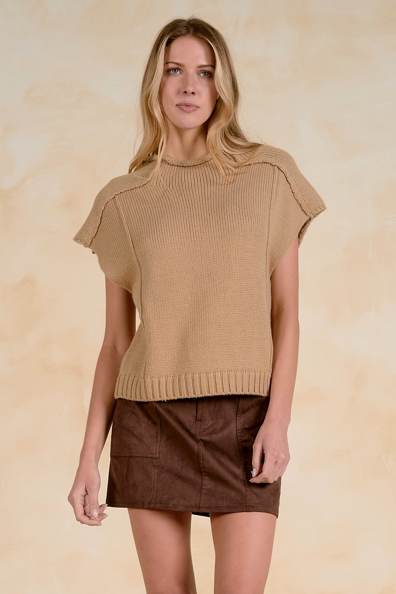 Exposed Seam Mock Neck Cap Sleeve Sweater Tan