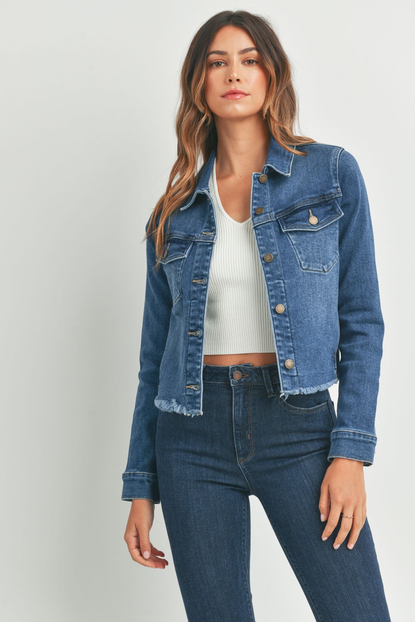Fitted Fray Hem Denim Jacket Dark Denim