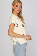 Drop Shoulder Embroidered Short Sleeve Sweater Cream