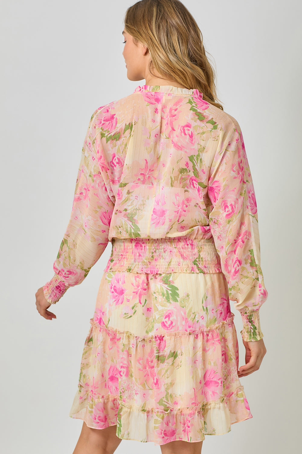 Floral Tie Neck Smocked Bottom Peasant Chiffon Blouse Ivory + Rose