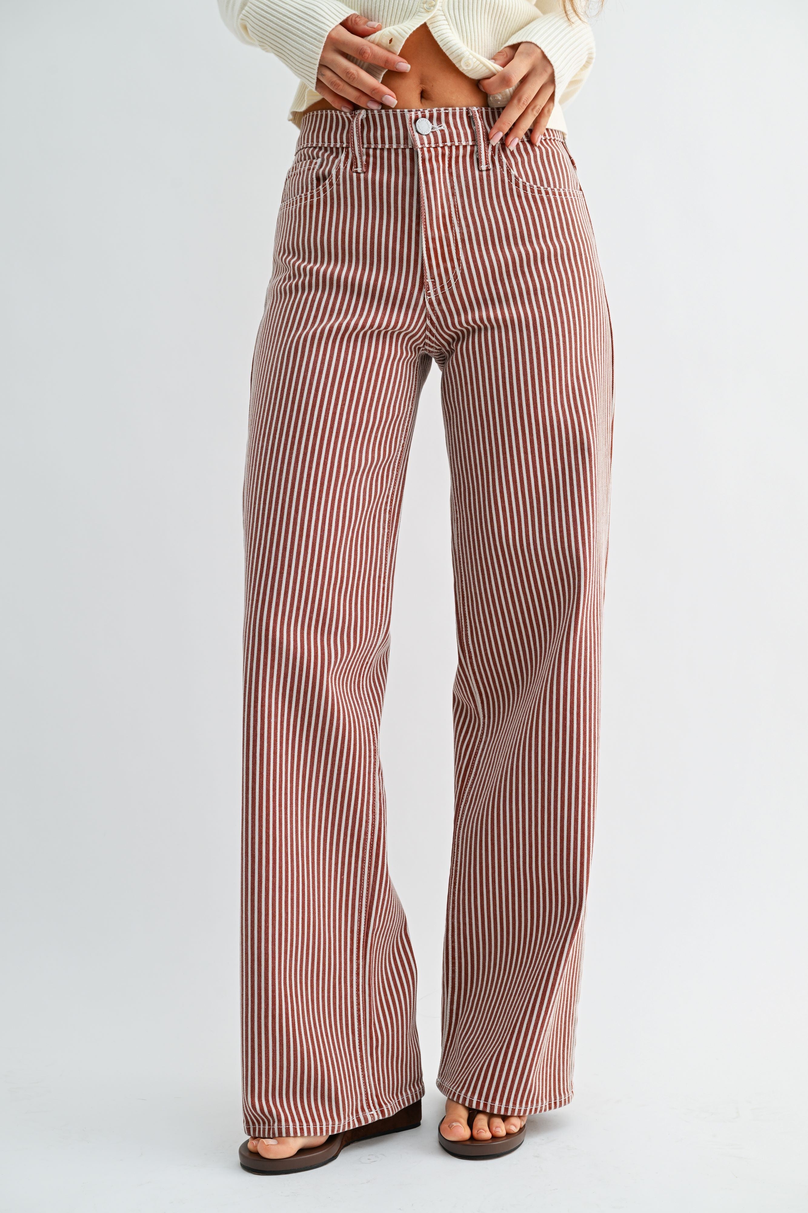 Relaxed Wide Leg Stripe Denim Pants Spice Brown Stripe