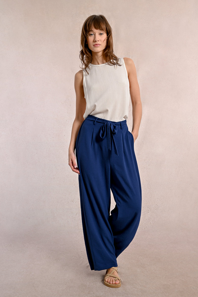 Crepe Tied Belt Wide Leg Pants Navy Blue