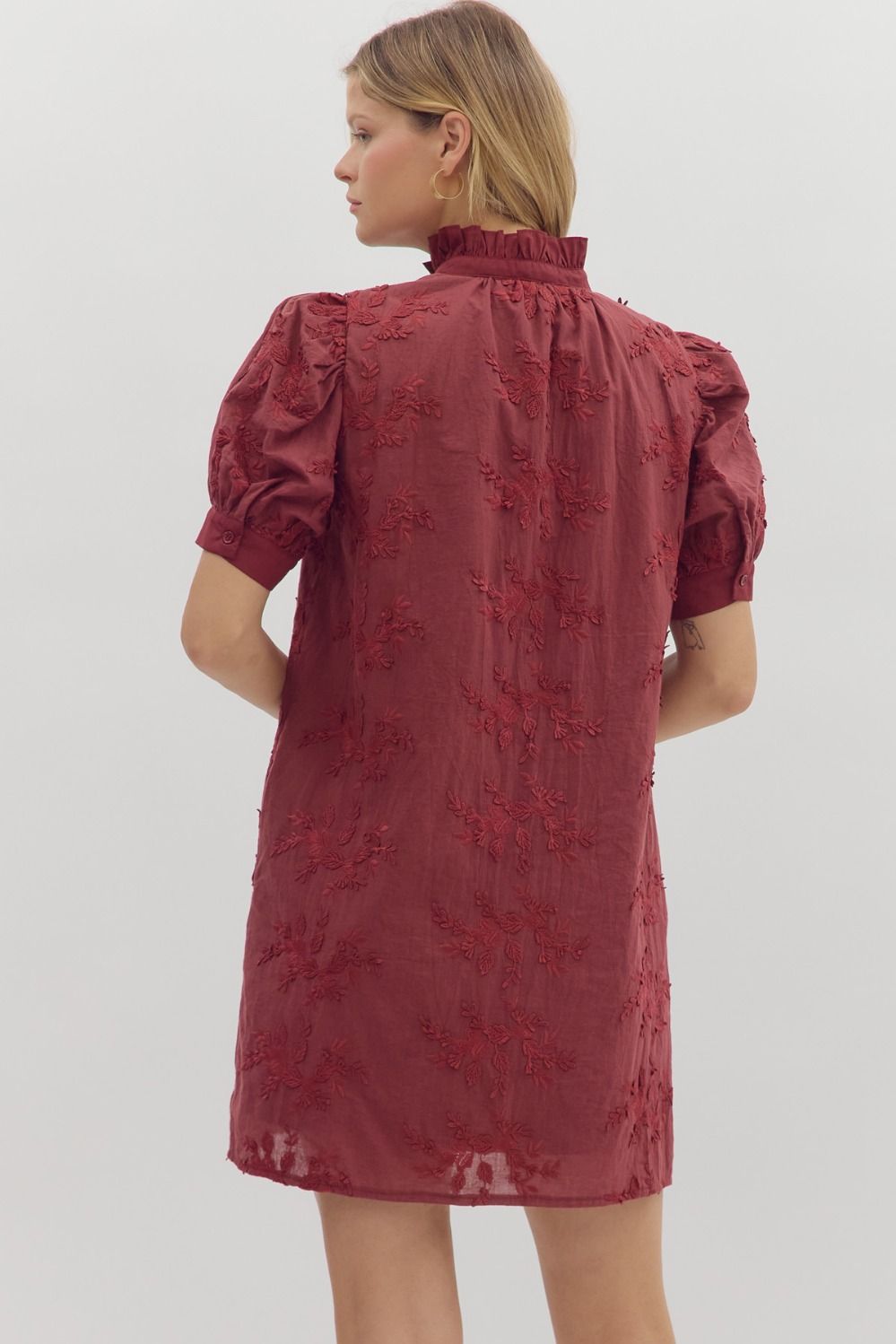 Stitched Floral Applique Button Down Dress Burgundy