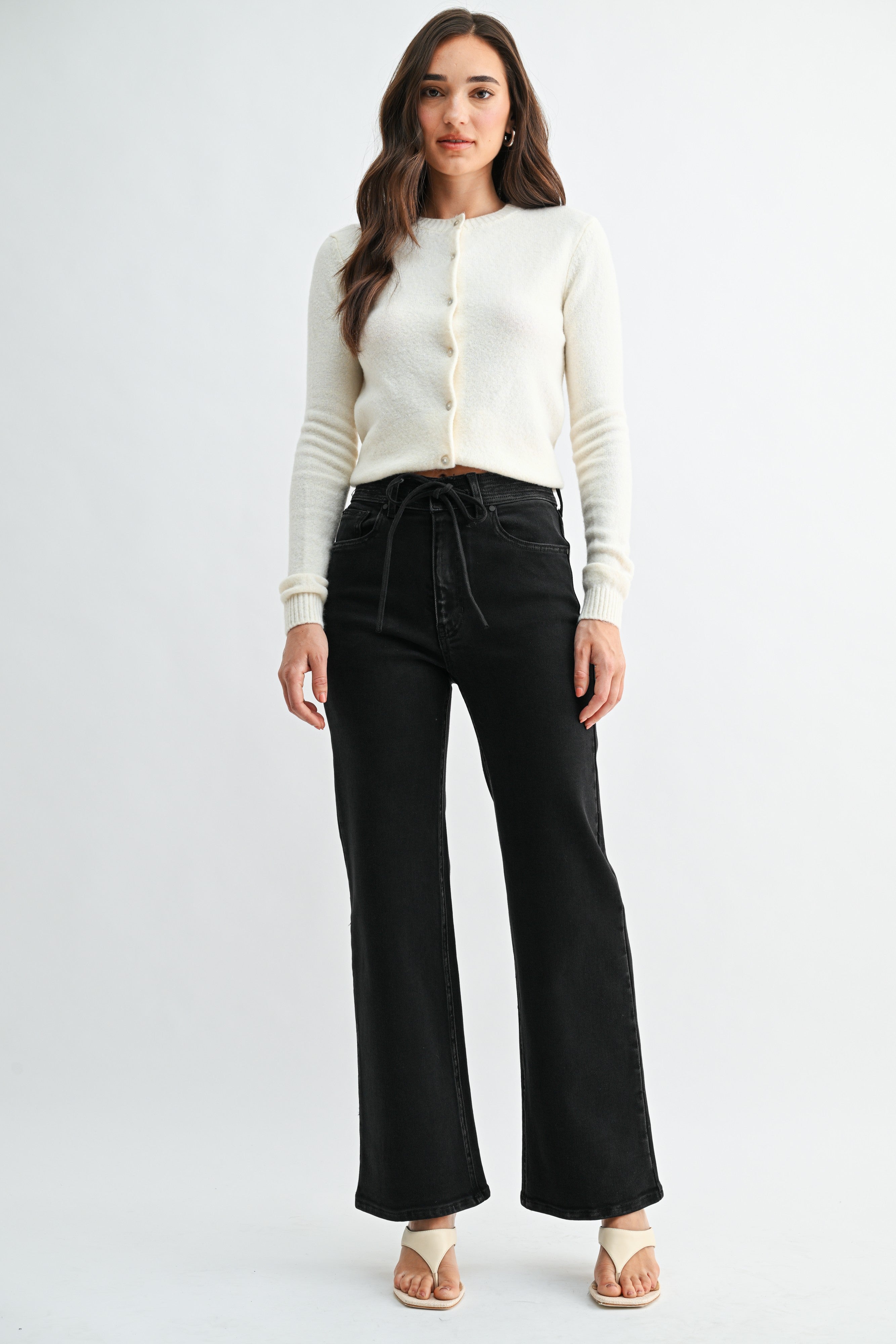 Drawstring Straight Leg Denim Pants Washed Black