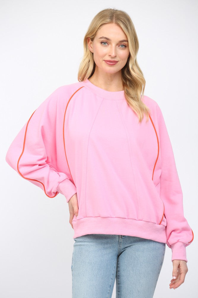 Contrast Piping Detail Raglan Sweatshirt Bubblegum Pink