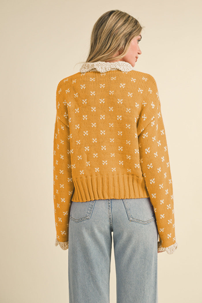 Contrast Doll Collar Buttoned Cardi Mustard