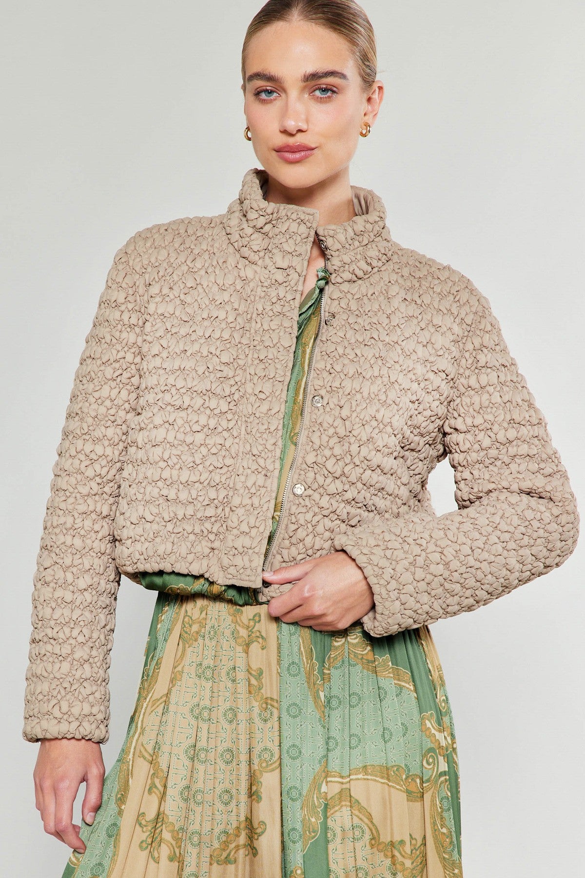 Bubble Quilted Zip Up Jacket Taupe