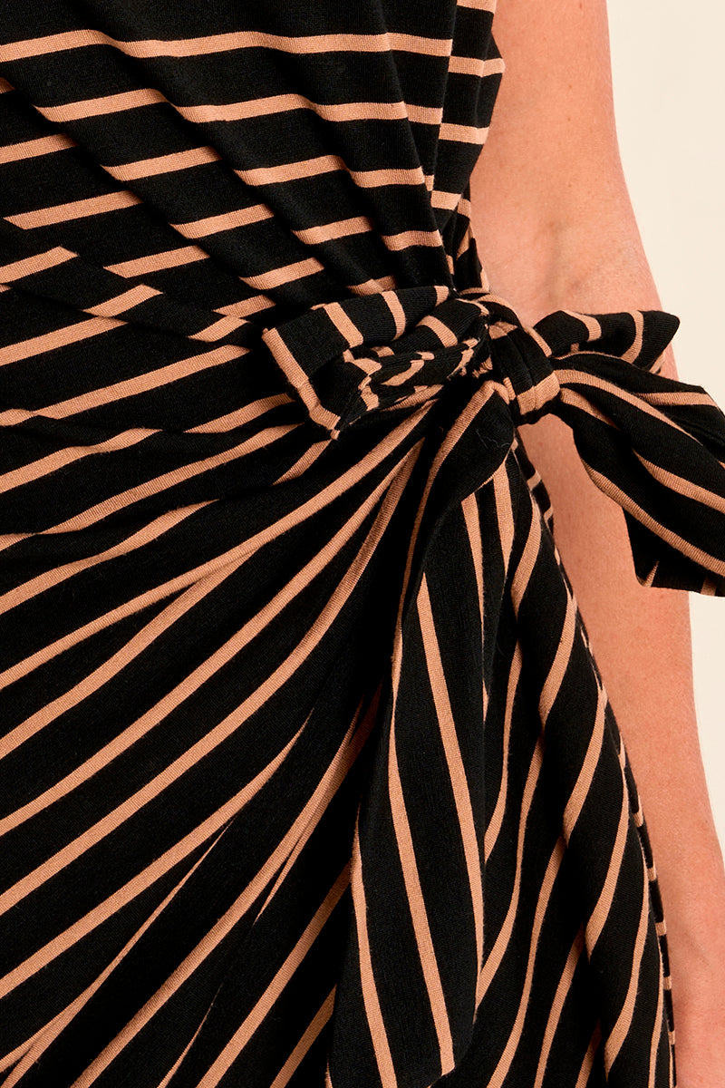 Stripe Side Tie Midi Dress Beige + Black