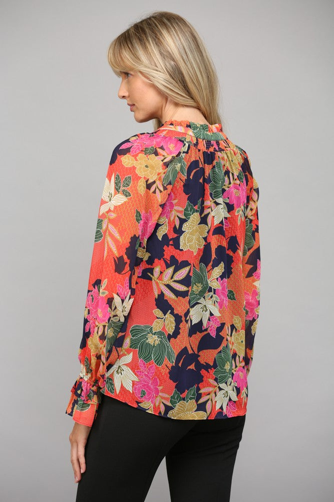 Retro Floral Ruffle Neck Blouse Navy Multi