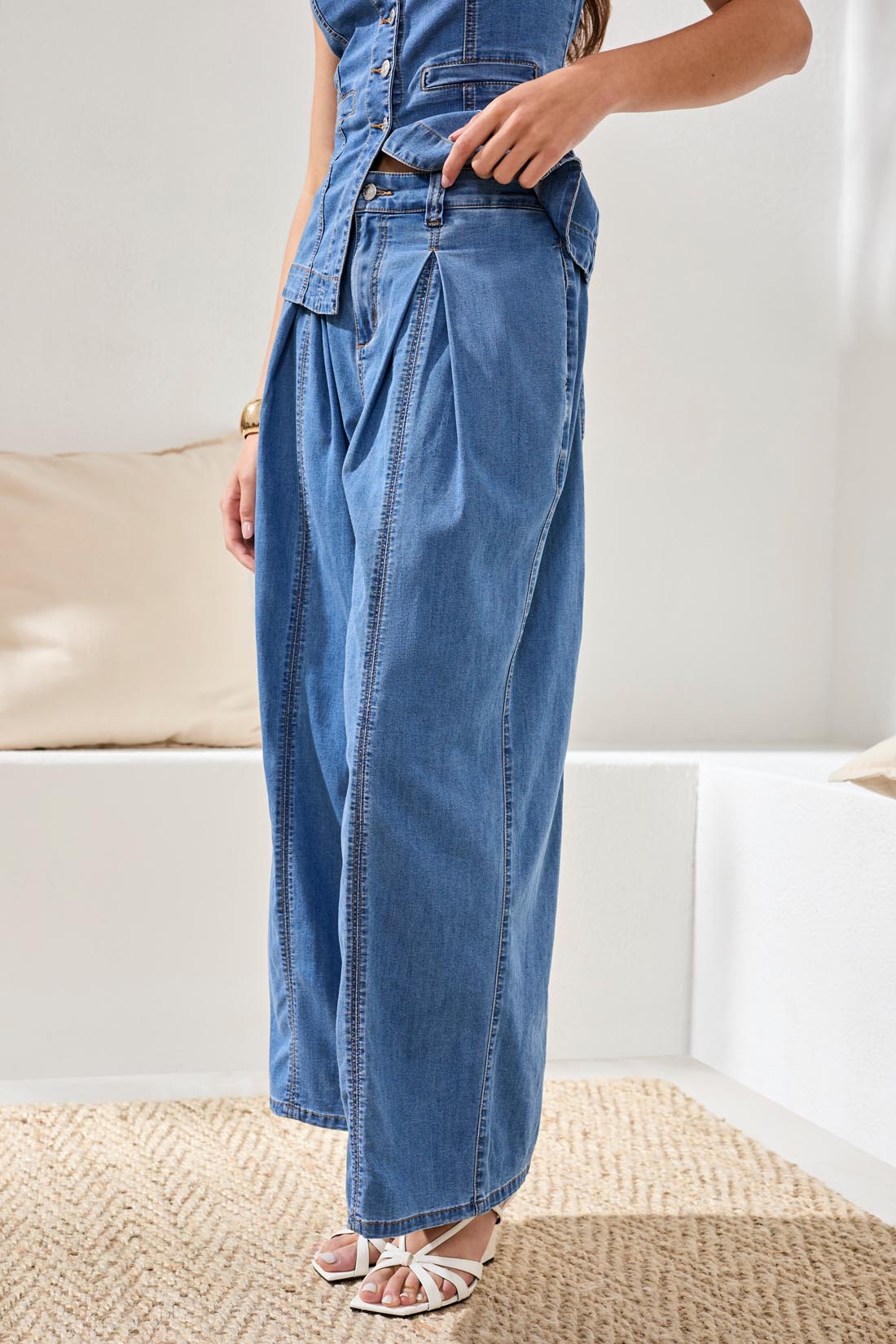 Brooke Pleated Wide Flowy Denim Pants Amalfi Coast