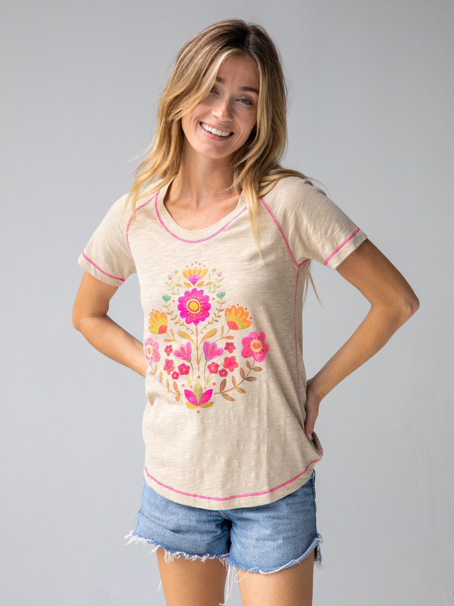 Boho Folk Floral Contrast Stitch Tee Cream