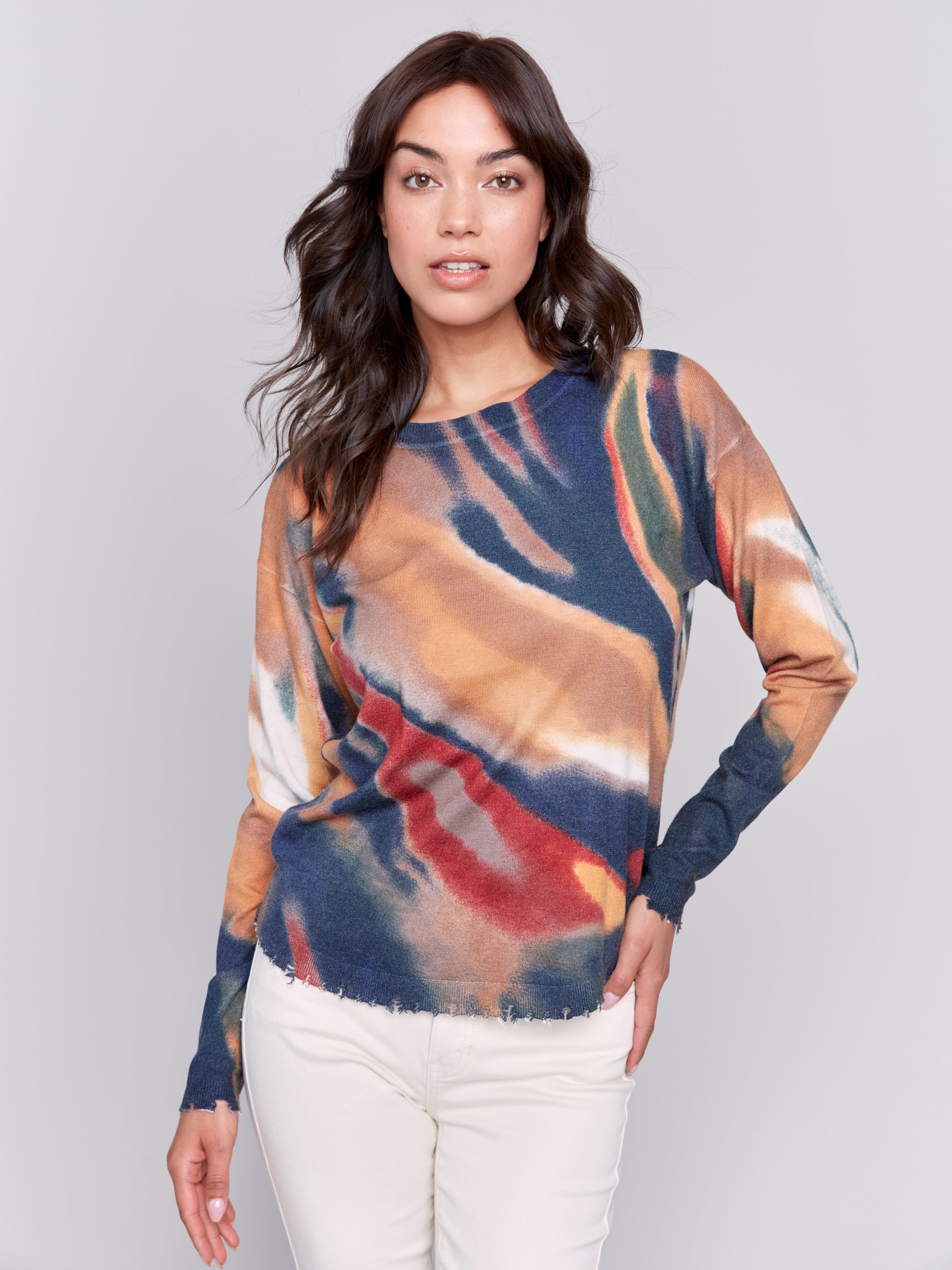 Printed Distressed Hem Rounded Sweater Spruce