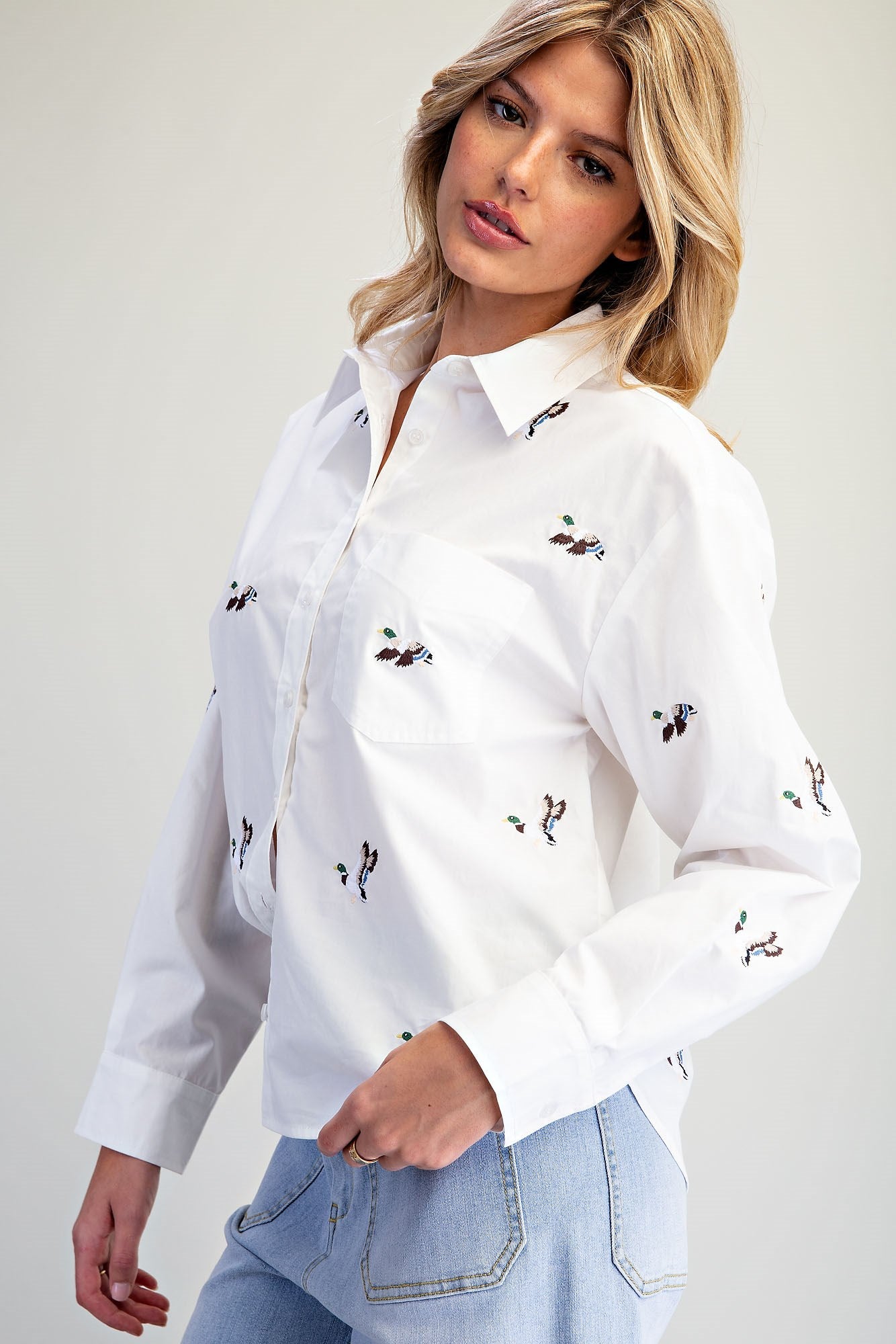 Embroidered Duck Button Down Shirt Off White