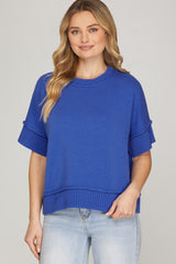 Half Sleeve Crew Neck Sweater Top Cobalt Blue