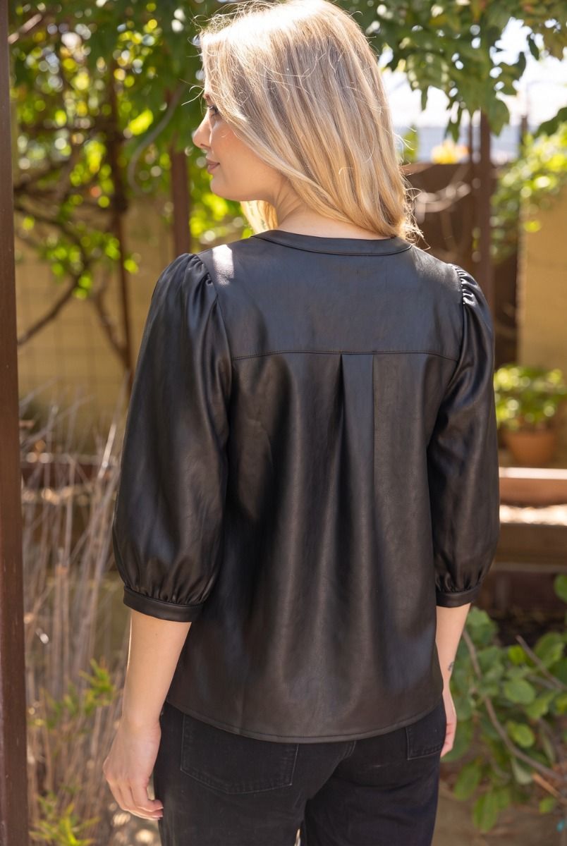 Covered Button Leather 3/4 Puff Sleeve Top Black