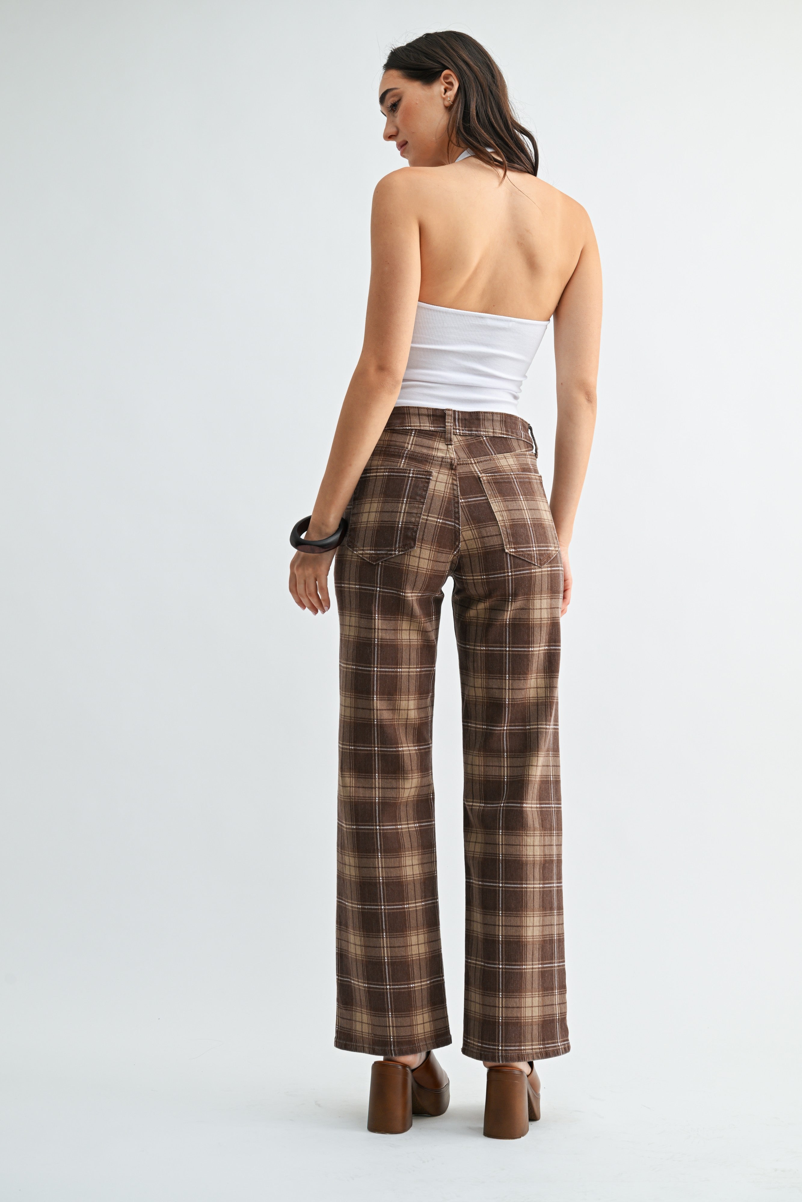 High Rise Full Length Straight Denim Pants Brown Plaid