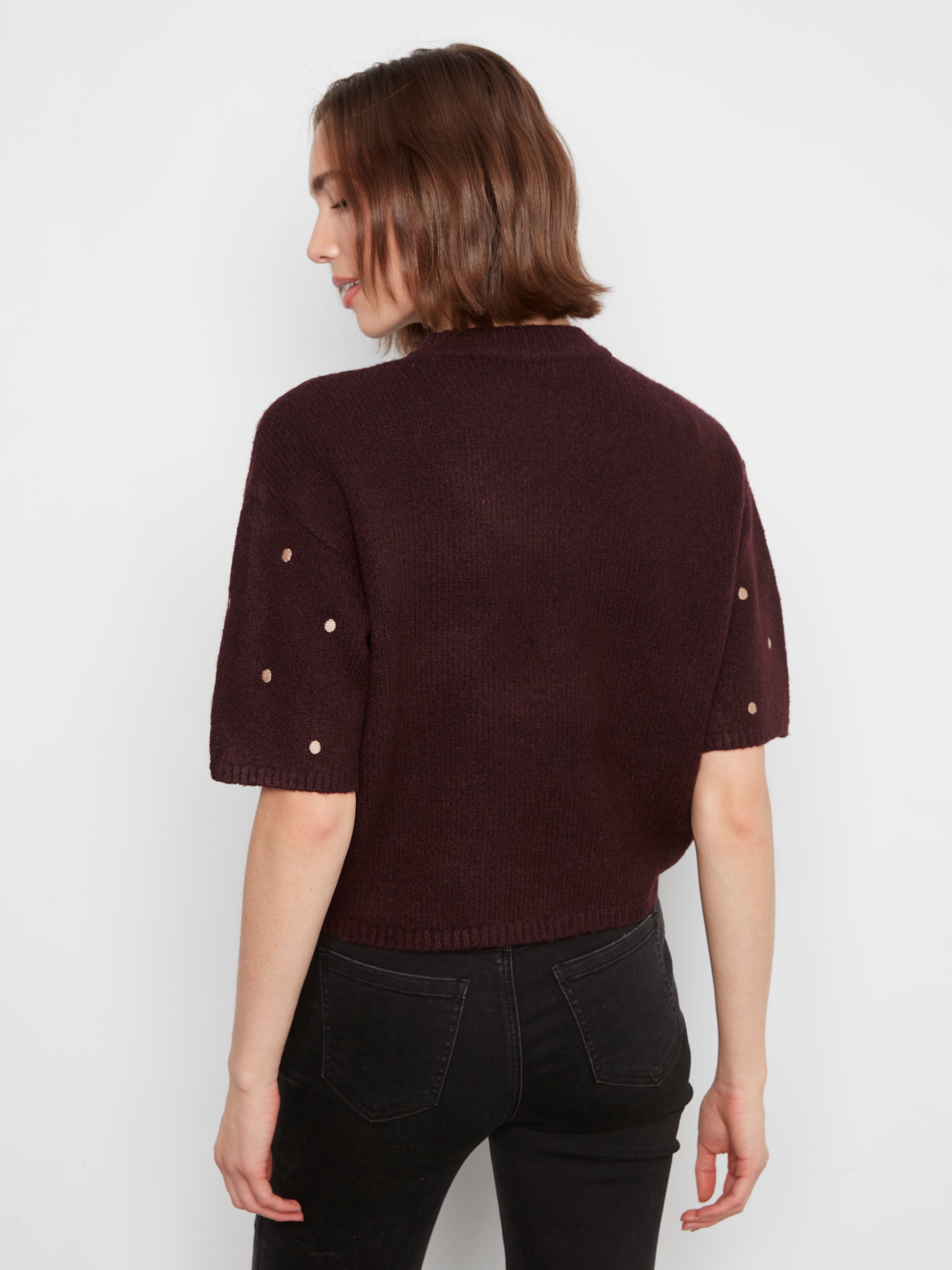Embroidered Polka Dots Elbow Sleeve Sweater Wine