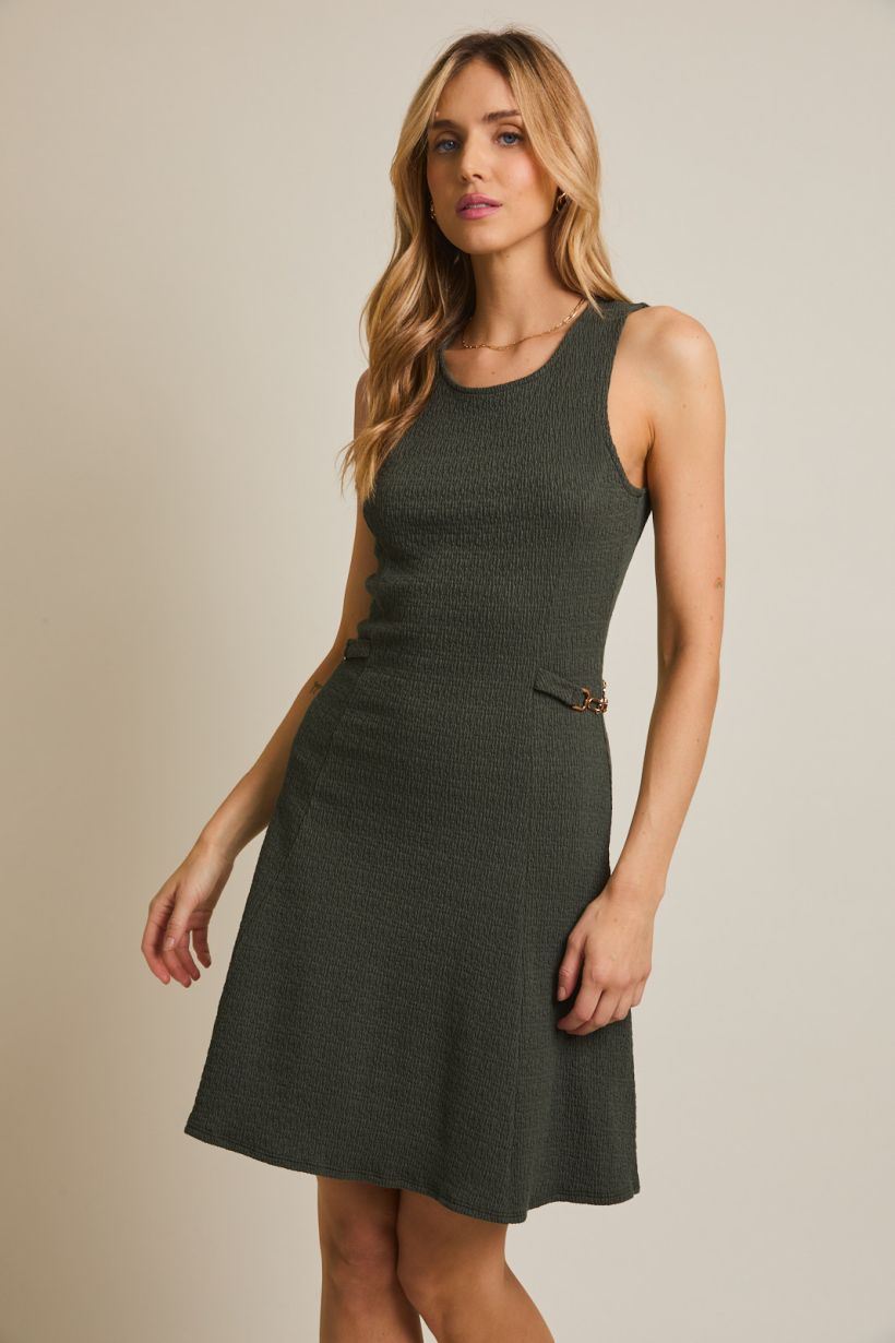 Round Neck Sleeveless Buckle Detail Mini Dress Dark Olive