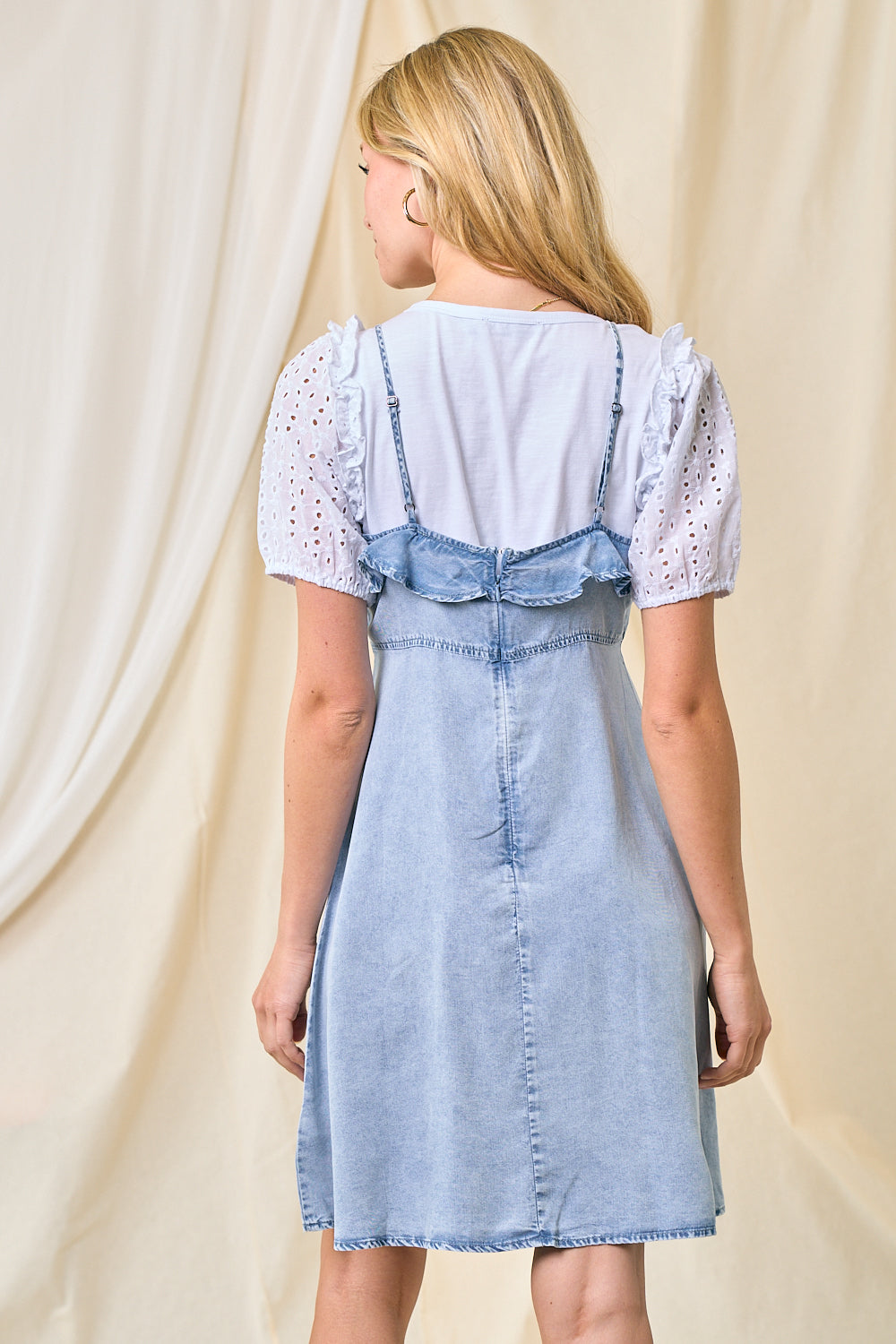 Cinched Cut Out Ruffle Detail Dress Light Denim