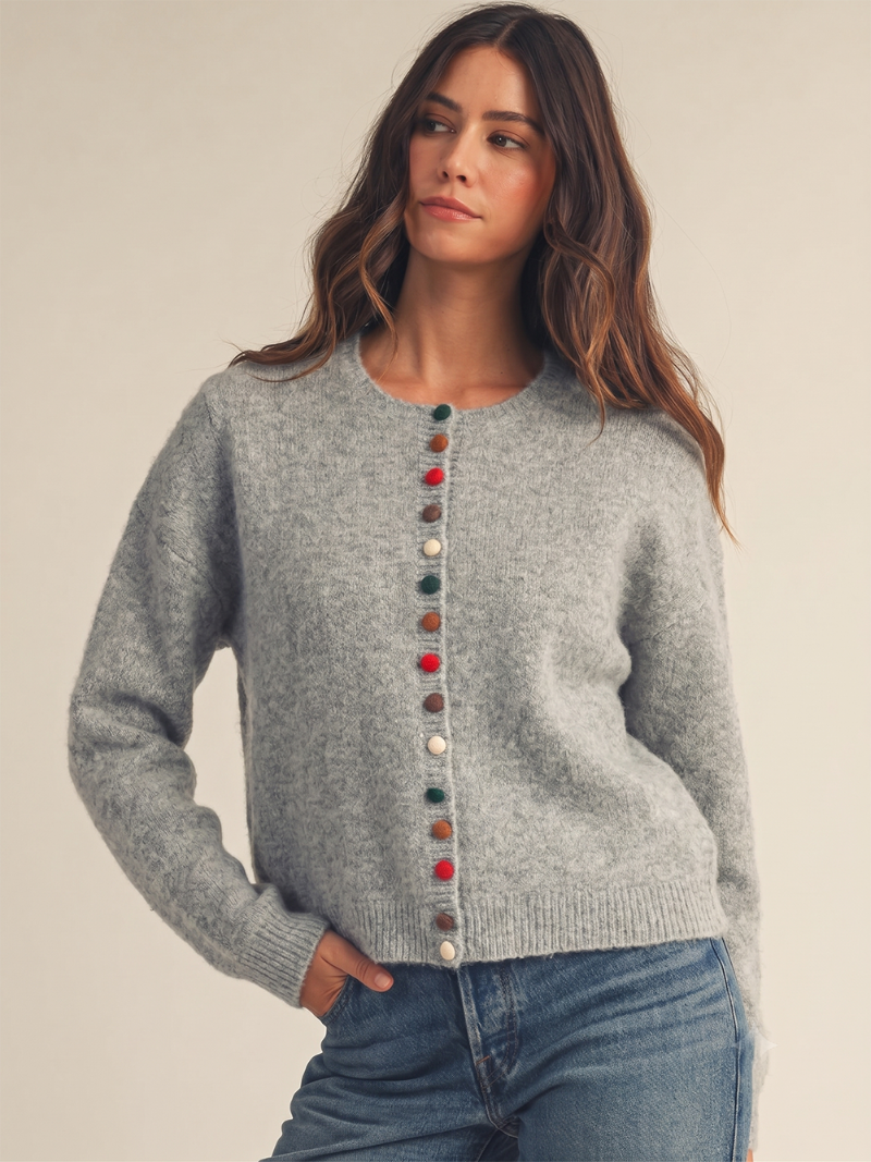 Multicolor Holiday Button Cardigan Grey